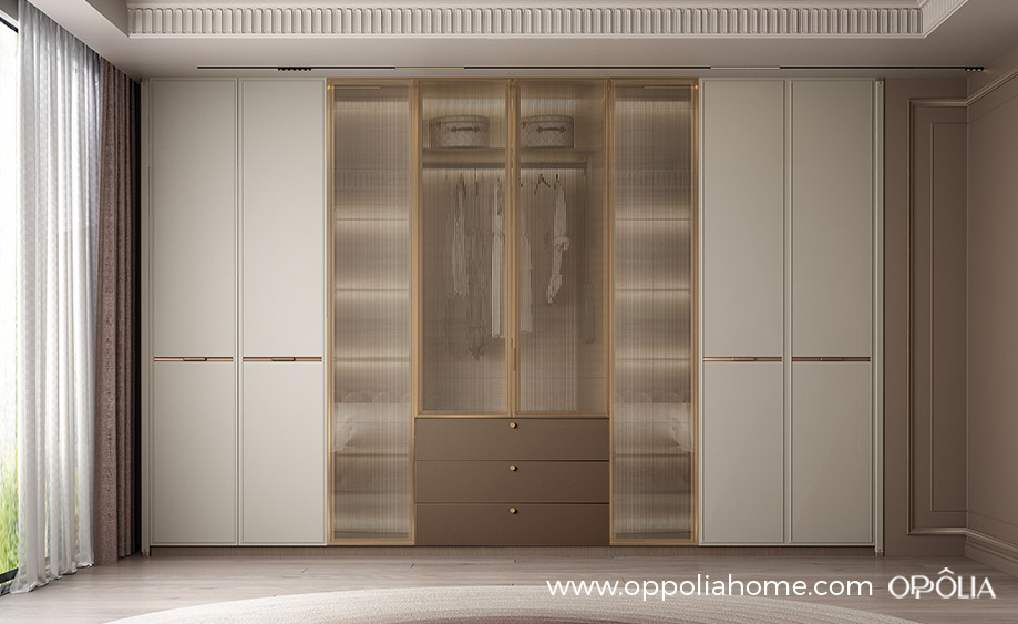 White and Taupe Wardrobe with Reeded Glass Doors BLYP23003