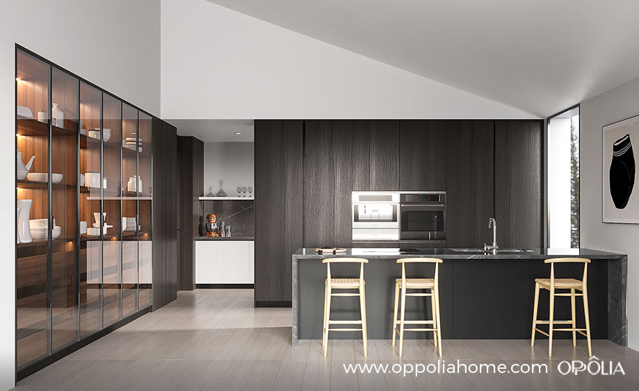 Dark Wood Kitchen Cabinets with Grey Countertop OBK23-M01