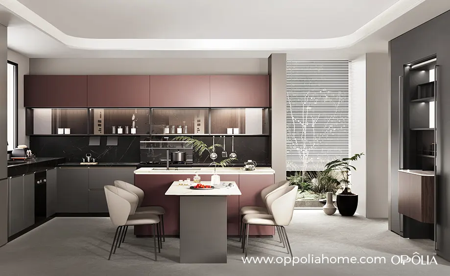 Minimalist Elegance Red and Grey Open Concept Kitchen with Island - OBK25L02