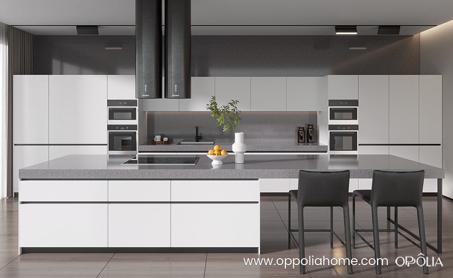 White Cabinets Grey Countertops Large Kitchen OBK22-L27